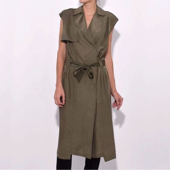 rag & born- Silk Light Weight Trench Wrap DressOlive Green Modern Ragged sz M - Picture 1 of 16